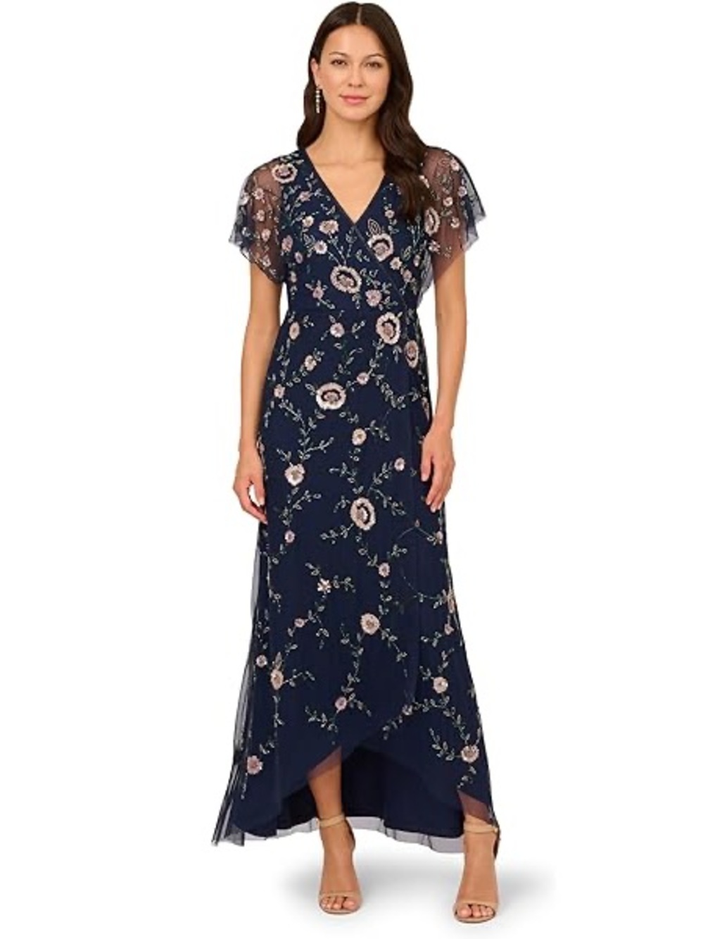 Adrianna Papell Women's Bead Flutter-Sleeve Midi Mesh Dress in Navy Blue